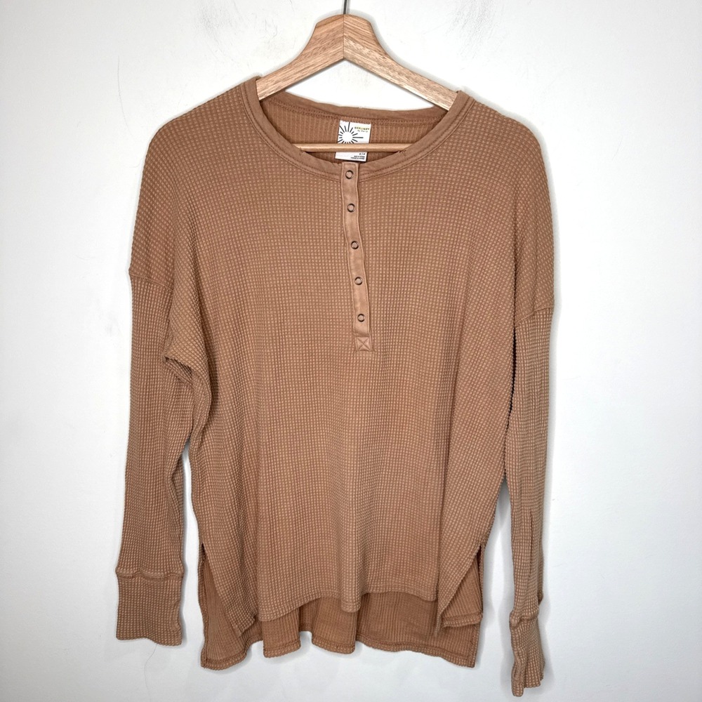OFFLINE Aerie Thermal Henley Top Brown Waffle Knit Thumbhole Oversized Women's S